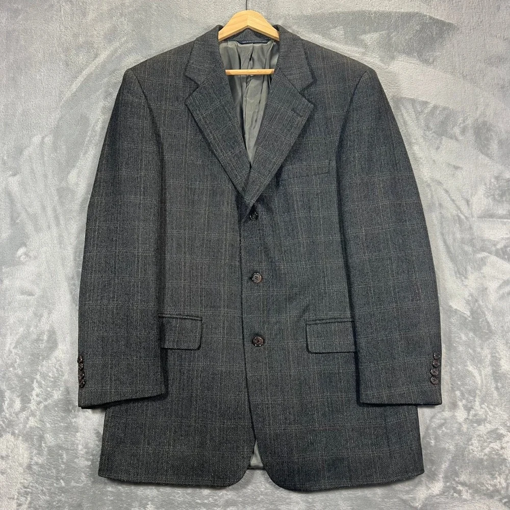 Brooks Brothers Sport Coat Mens 41 Long Grey Herringbone Plaid Lambswool Jacket